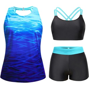 Tempt Me 3 Piece Swimsuit for Women Tankini Bathing Suit Modest High Neck Tank Tops Swimwear with Shorts(Blue Gradient)