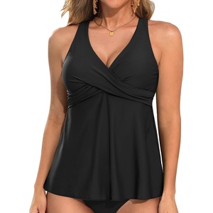 Tempt Me Women Tankini Top Only Flowy Swim Tops V Neck Bathing Suit Top(Black)
