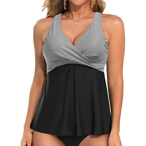 Tempt Me Women Tankini Top Only Flowy Swim Tops V Neck Bathing Suit Top(Black Stripe)