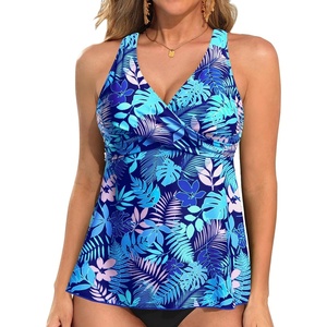 Tempt Me Women Tankini Top Only Flowy Swim Tops V Neck Bathing Suit Top(Blue Leaves)