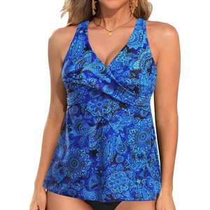 Tempt Me Women Tankini Top Only Flowy Swim Tops V Neck Bathing Suit Top(Blue Paisley)