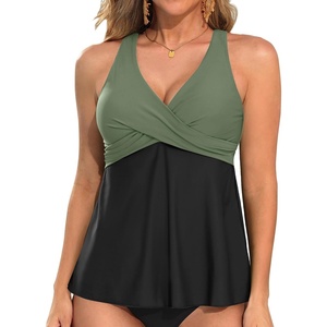Tempt Me Women Tankini Top Only Flowy Swim Tops V Neck Bathing Suit Top(Olive Green and Black)