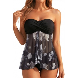 Tempt Me Womens Two Piece Bathing Suits Halter Bandeau Tankini Top Flyaway Swimsuit with Bottoms Tummy Control Swimwear(Black White Floral)