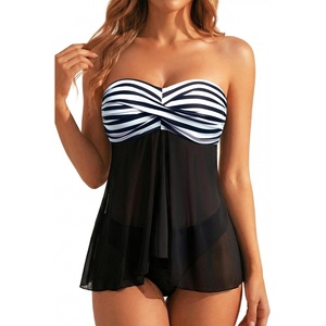 Tempt Me Womens Two Piece Bathing Suits Halter Bandeau Tankini Top Flyaway Swimsuit with Bottoms Tummy Control Swimwear(Black White Striped)