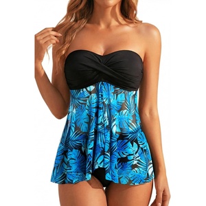 Tempt Me Womens Two Piece Bathing Suits Halter Bandeau Tankini Top Flyaway Swimsuit with Bottoms Tummy Control Swimwear(Blue Leaves)