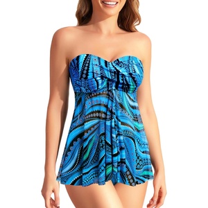 Tempt Me Womens Two Piece Bathing Suits Halter Bandeau Tankini Top Flyaway Swimsuit with Bottoms Tummy Control Swimwear(Blue Ripples)