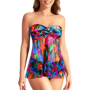 Tempt Me Womens Two Piece Bathing Suits Halter Bandeau Tankini Top Flyaway Swimsuit with Bottoms Tummy Control Swimwear(Colorful Leaves)