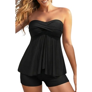 Women Strapless Tankini Swimsuits – 2 Piece Halter Bathing Suit Bandeau Flyaway Top with High Waist Swim Shorts(Black)
