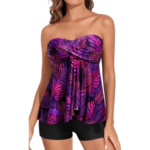 Women Strapless Tankini Swimsuits – 2 Piece Halter Bathing Suit Bandeau Flyaway Top with High Waist Swim Shorts(Purple Leaves)
