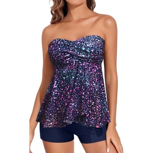 Women Strapless Tankini Swimsuits – 2 Piece Halter Bathing Suit Bandeau Flyaway Top with High Waist Swim Shorts(Starry Sky)
