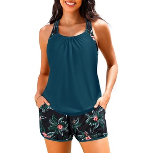 Women Tankini Swimsuits with Shorts – Two Piece Tummy Control Blouson Tankini with Two Pockets Bottom Bathing Suit(Blue and Teal)