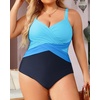 Tempt Me Women Plus Size One Piece Swimsuits Tummy Control Retro Bathing Suit Cross Front Swimwear(Blue Black)