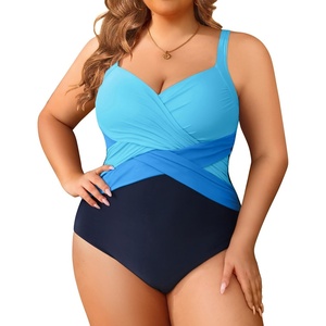 Tempt Me Women Plus Size One Piece Swimsuits Tummy Control Retro Bathing Suit Cross Front Swimwear(Blue Black)