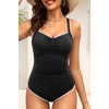 Tempt Me Women Ruched Slimming One Piece Swimsuits Tummy Control Vintage Bathing Suits(Black-white Shell Trim)