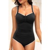 Tempt Me Women Ruched Slimming One Piece Swimsuits Tummy Control Vintage Bathing Suits(Black-white Shell Trim)
