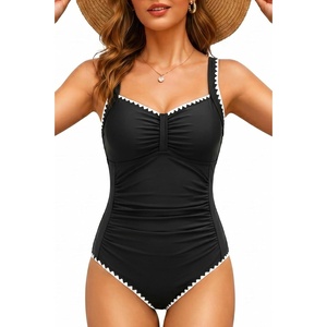 Tempt Me Women Ruched Slimming One Piece Swimsuits Tummy Control Vintage Bathing Suits(Black-white Shell Trim)