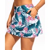 Women Swim Skirt with Pockets – High Waisted Tummy Control Swimsuit Bottom | Built-in brief liner, Wide waistband, Full lining(Teal Flower)