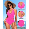 Halter One Piece Swimsuit Tummy Control Mesh Criss Cross Bathing Suit | Sexy wrap front layout, Sheer mesh waist inserts, Ruched slimming fit, Removable padded cups, Tie halter neck closure(Hot Pink)