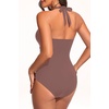 Halter One Piece Swimsuit Tummy Control Mesh Criss Cross Bathing Suit | Sexy wrap front layout, Sheer mesh waist inserts, Ruched slimming fit, Removable padded cups, Tie halter neck closure(Brown)