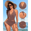 Halter One Piece Swimsuit Tummy Control Mesh Criss Cross Bathing Suit | Sexy wrap front layout, Sheer mesh waist inserts, Ruched slimming fit, Removable padded cups, Tie halter neck closure(Brown)