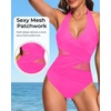 Halter One Piece Swimsuit Tummy Control Mesh Criss Cross Bathing Suit | Sexy wrap front layout, Sheer mesh waist inserts, Ruched slimming fit, Removable padded cups, Tie halter neck closure(Hot Pink)