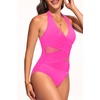 Halter One Piece Swimsuit Tummy Control Mesh Criss Cross Bathing Suit | Sexy wrap front layout, Sheer mesh waist inserts, Ruched slimming fit, Removable padded cups, Tie halter neck closure(Hot Pink)