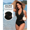 Halter One Piece Swimsuit Tummy Control Mesh Criss Cross Bathing Suit | Sexy wrap front layout, Sheer mesh waist inserts, Ruched slimming fit, Removable padded cups, Tie halter neck closure(Black)