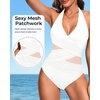 Halter One Piece Swimsuit Tummy Control Mesh Criss Cross Bathing Suit | Sexy wrap front layout, Sheer mesh waist inserts, Ruched slimming fit, Removable padded cups, Tie halter neck closure(White)