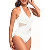 Halter One Piece Swimsuit Tummy Control Mesh Criss Cross Bathing Suit | Sexy wrap front layout, Sheer mesh waist inserts, Ruched slimming fit, Removable padded cups, Tie halter neck closure(White)