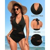 Halter One Piece Swimsuit Tummy Control Mesh Criss Cross Bathing Suit | Sexy wrap front layout, Sheer mesh waist inserts, Ruched slimming fit, Removable padded cups, Tie halter neck closure(Black)