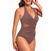 Halter One Piece Swimsuit Tummy Control Mesh Criss Cross Bathing Suit | Sexy wrap front layout, Sheer mesh waist inserts, Ruched slimming fit, Removable padded cups, Tie halter neck closure(Brown)
