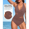 Halter One Piece Swimsuit Tummy Control Mesh Criss Cross Bathing Suit | Sexy wrap front layout, Sheer mesh waist inserts, Ruched slimming fit, Removable padded cups, Tie halter neck closure(Brown)