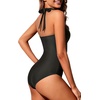 Halter One Piece Swimsuit Tummy Control Mesh Criss Cross Bathing Suit | Sexy wrap front layout, Sheer mesh waist inserts, Ruched slimming fit, Removable padded cups, Tie halter neck closure(Black)