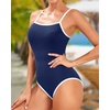 Tempt Me Athletic One Piece Swimsuits for Women | Training, Sport, Racerback, Keyhole, Adjustable straps, Full coverage(Navy Blue White-ribbed)