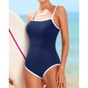 Tempt Me Athletic One Piece Swimsuits for Women | Training, Sport, Racerback, Keyhole, Adjustable straps, Full coverage(Navy Blue White-ribbed)