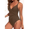 Women Sexy Mesh Cutout One Piece Swimsuit Tummy Control Bathing Suit 2026 | Removable Pads, Adjustable Straps, Crisscross, Twist Front, V Neck, Push Up(Brown)
