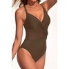 Women Sexy Mesh Cutout One Piece Swimsuit Tummy Control Bathing Suit 2026 | Removable Pads, Adjustable Straps, Crisscross, Twist Front, V Neck, Push Up(Brown)