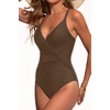 Women Sexy Mesh Cutout One Piece Swimsuit Tummy Control Bathing Suit 2026 | Removable Pads, Adjustable Straps, Crisscross, Twist Front, V Neck, Push Up(Brown)