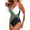 Women Sexy Mesh Cutout One Piece Swimsuit Tummy Control Bathing Suit 2026 | Removable Pads, Adjustable Straps, Crisscross, Twist Front, V Neck, Push Up(Green White Black)