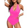 Halter One Piece Swimsuit Tummy Control Mesh Criss Cross Bathing Suit | Sexy wrap front layout, Sheer mesh waist inserts, Ruched slimming fit, Removable padded cups, Tie halter neck closure(Hot Pink)