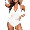 Halter One Piece Swimsuit Tummy Control Mesh Criss Cross Bathing Suit | Sexy wrap front layout, Sheer mesh waist inserts, Ruched slimming fit, Removable padded cups, Tie halter neck closure(White)