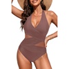 Halter One Piece Swimsuit Tummy Control Mesh Criss Cross Bathing Suit | Sexy wrap front layout, Sheer mesh waist inserts, Ruched slimming fit, Removable padded cups, Tie halter neck closure(Brown)