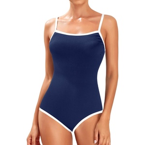 Tempt Me Athletic One Piece Swimsuits for Women | Training, Sport, Racerback, Keyhole, Adjustable straps, Full coverage(Navy Blue White-ribbed)