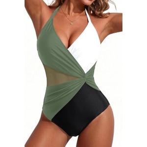 Women Sexy Mesh Cutout One Piece Swimsuit Tummy Control Bathing Suit 2026 | Removable Pads, Adjustable Straps, Crisscross, Twist Front, V Neck, Push Up(Green White Black)