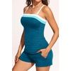 Women Tankini Swimsuits with Shorts – Two Piece Tummy Control Bathing Suits | Bandeau, Strapless, Boyshorts with Pocket, High Waisted, Slimming, Color Block, Built-in Bottom, Full Lining(Green Color Block)