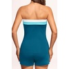 Women Tankini Swimsuits with Shorts – Two Piece Tummy Control Bathing Suits | Bandeau, Strapless, Boyshorts with Pocket, High Waisted, Slimming, Color Block, Built-in Bottom, Full Lining(Green Color Block)