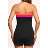 Women Tankini Swimsuits with Shorts – Two Piece Tummy Control Bathing Suits | Bandeau, Strapless, Boyshorts with Pocket, High Waisted, Slimming, Color Block, Built-in Bottom, Full Lining(Black Color Block)