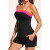 Women Tankini Swimsuits with Shorts – Two Piece Tummy Control Bathing Suits | Bandeau, Strapless, Boyshorts with Pocket, High Waisted, Slimming, Color Block, Built-in Bottom, Full Lining(Black Color Block)