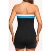 Women Tankini Swimsuits with Shorts – Two Piece Tummy Control Bathing Suits | Bandeau, Strapless, Boyshorts with Pocket, High Waisted, Slimming, Color Block, Built-in Bottom, Full Lining(Black Blue White)