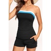 Women Tankini Swimsuits with Shorts – Two Piece Tummy Control Bathing Suits | Bandeau, Strapless, Boyshorts with Pocket, High Waisted, Slimming, Color Block, Built-in Bottom, Full Lining(Black Blue White)